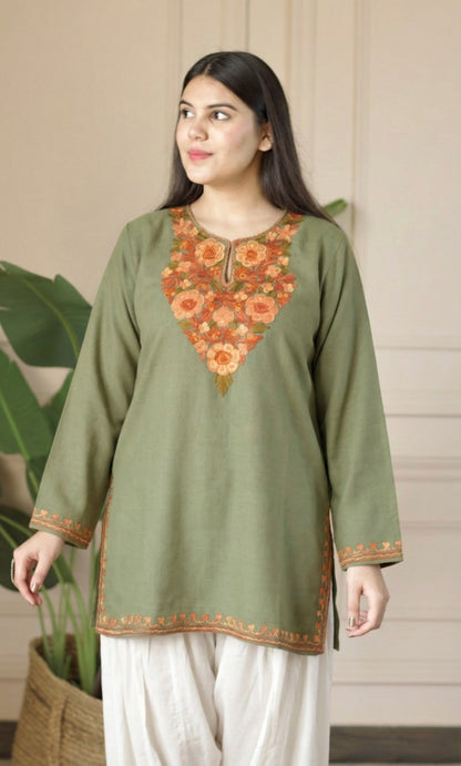 Saffron Glow Sage Kashmiri Aari Embroidered Fine Cashmilon Short Kurti
