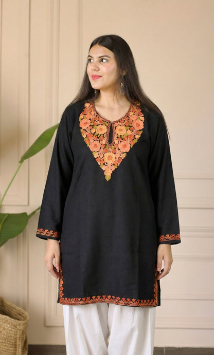 Saffron Glow Black Kashmiri Aari Embroidered Fine Cashmilon Short Kurti