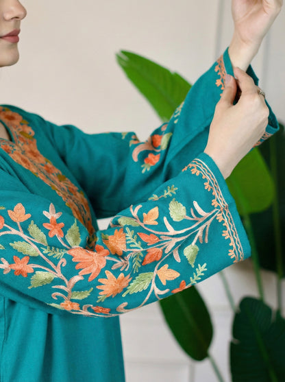 Sea Green Kashmiri Aari Woollen Co-ord Set - Saffron Glow