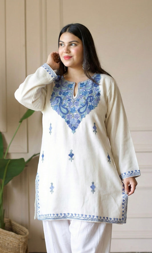 Sky Glow White Kashmiri Aari Embroidered Fine Cashmilon Short Kurti