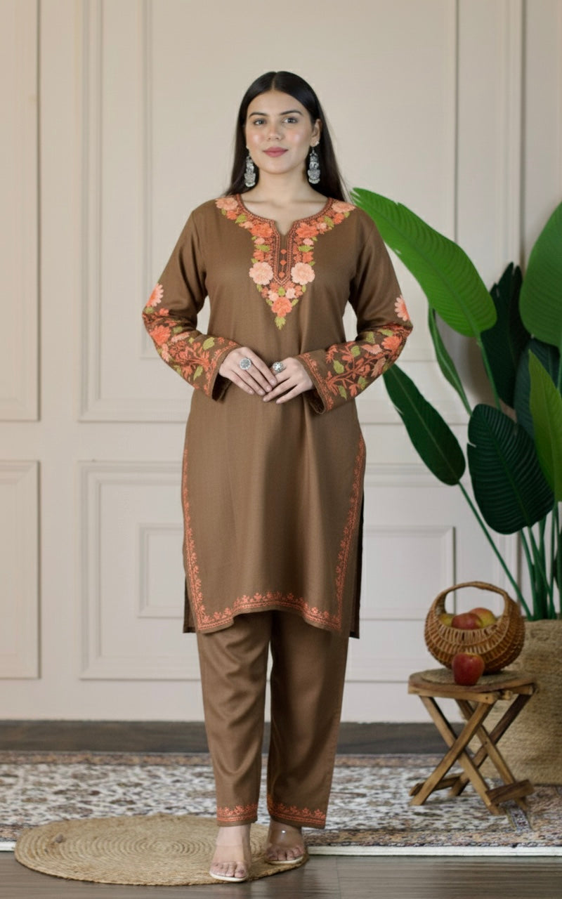 Brown Kashmiri Aari Woollen Co-ord Set - Saffron Glow
