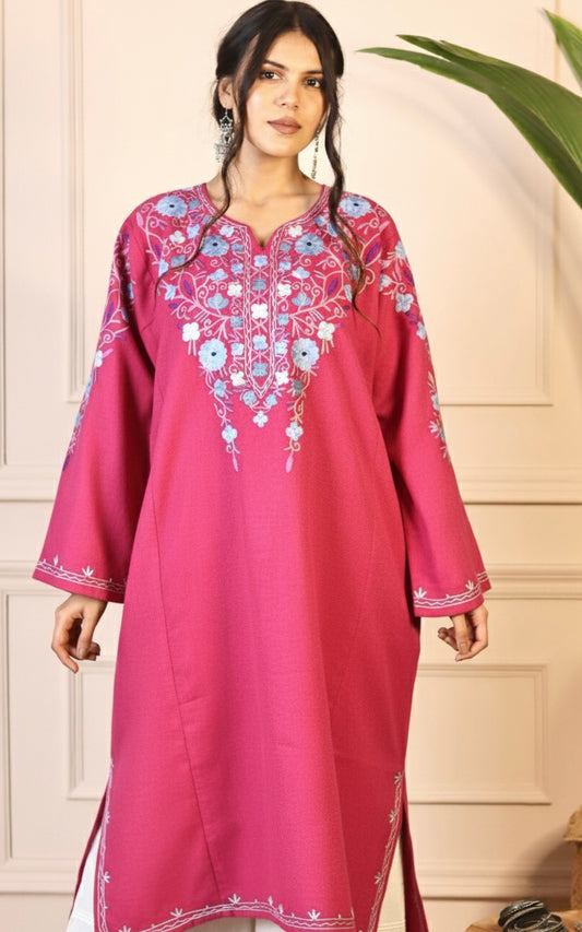 Hot Pink Aari Embroidered Fine Cashmilon Pheran