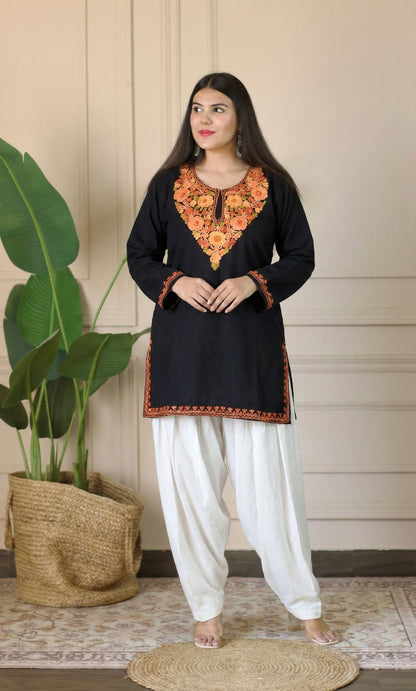 Saffron Glow Black Kashmiri Aari Embroidered Fine Cashmilon Short Kurti