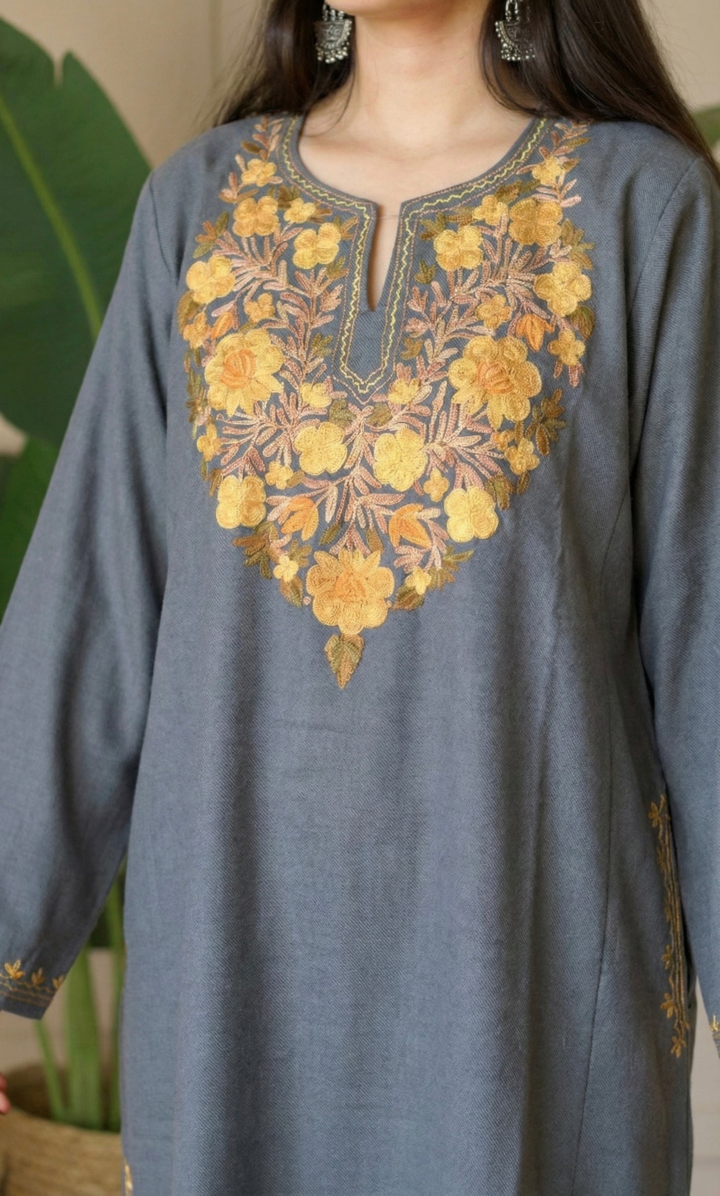 Ash Saffron Bloom Aari Embroidered Fine Cashmilon Pheran