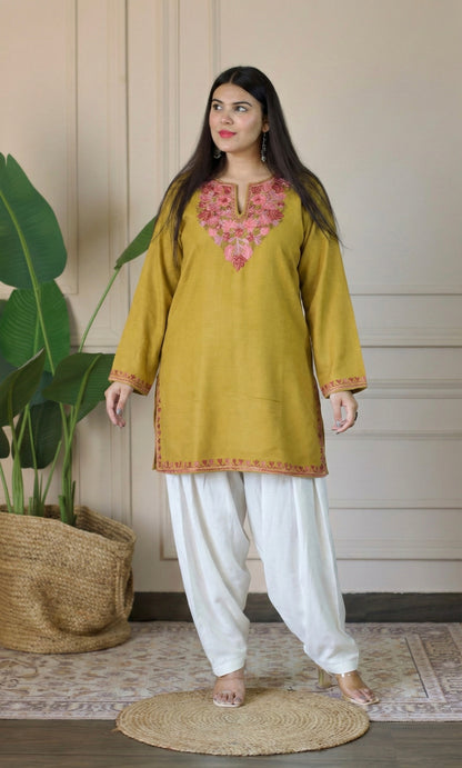 Blush Glow Mustard Kashmiri Aari Embroidered Fine Cashmilon Short Kurti