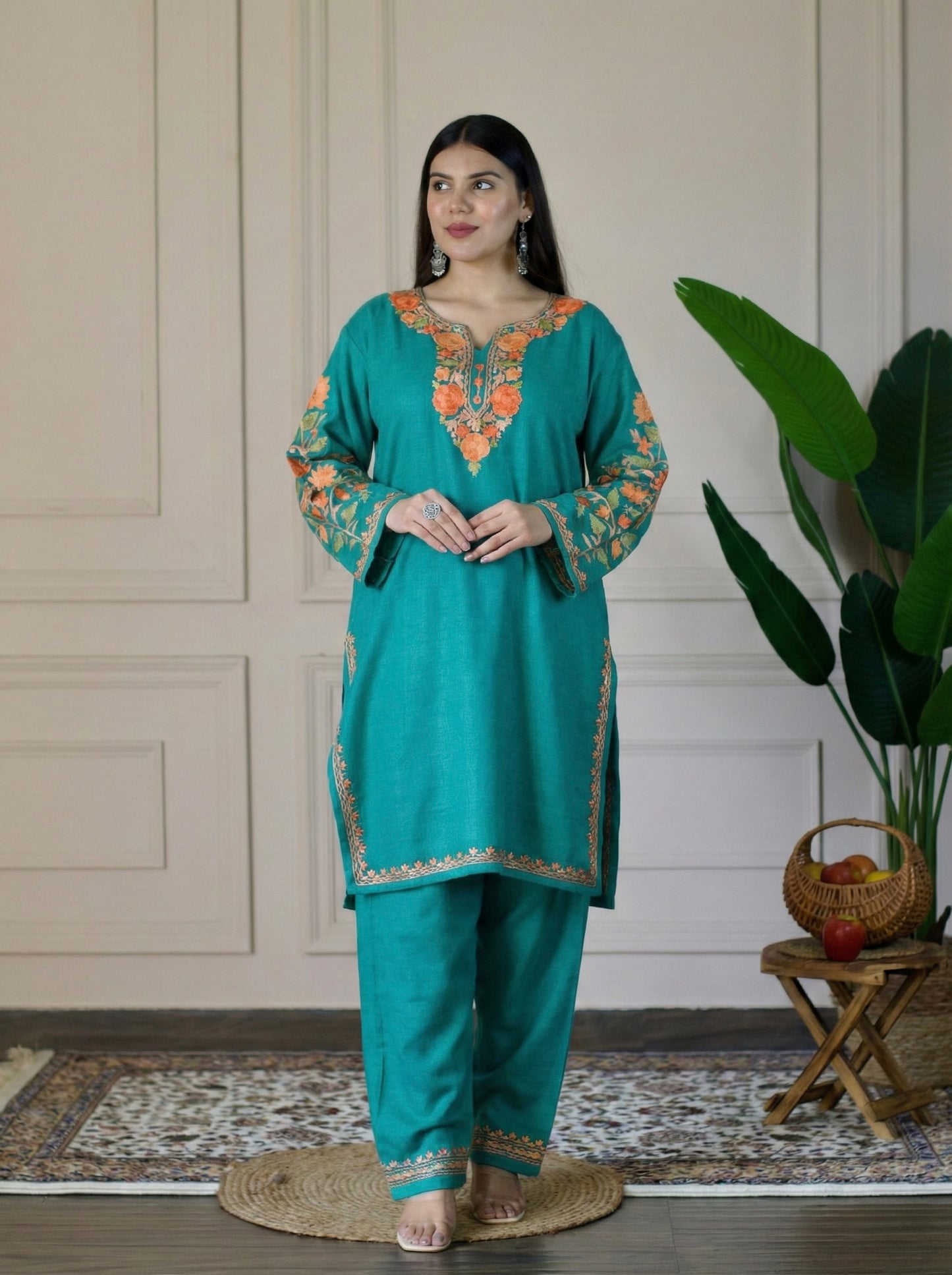 Sea Green Kashmiri Aari Woollen Co-ord Set - Saffron Glow