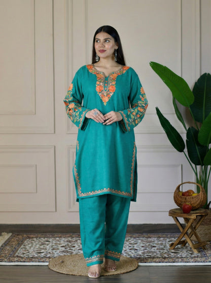 Sea Green Kashmiri Aari Woollen Co-ord Set - Saffron Glow