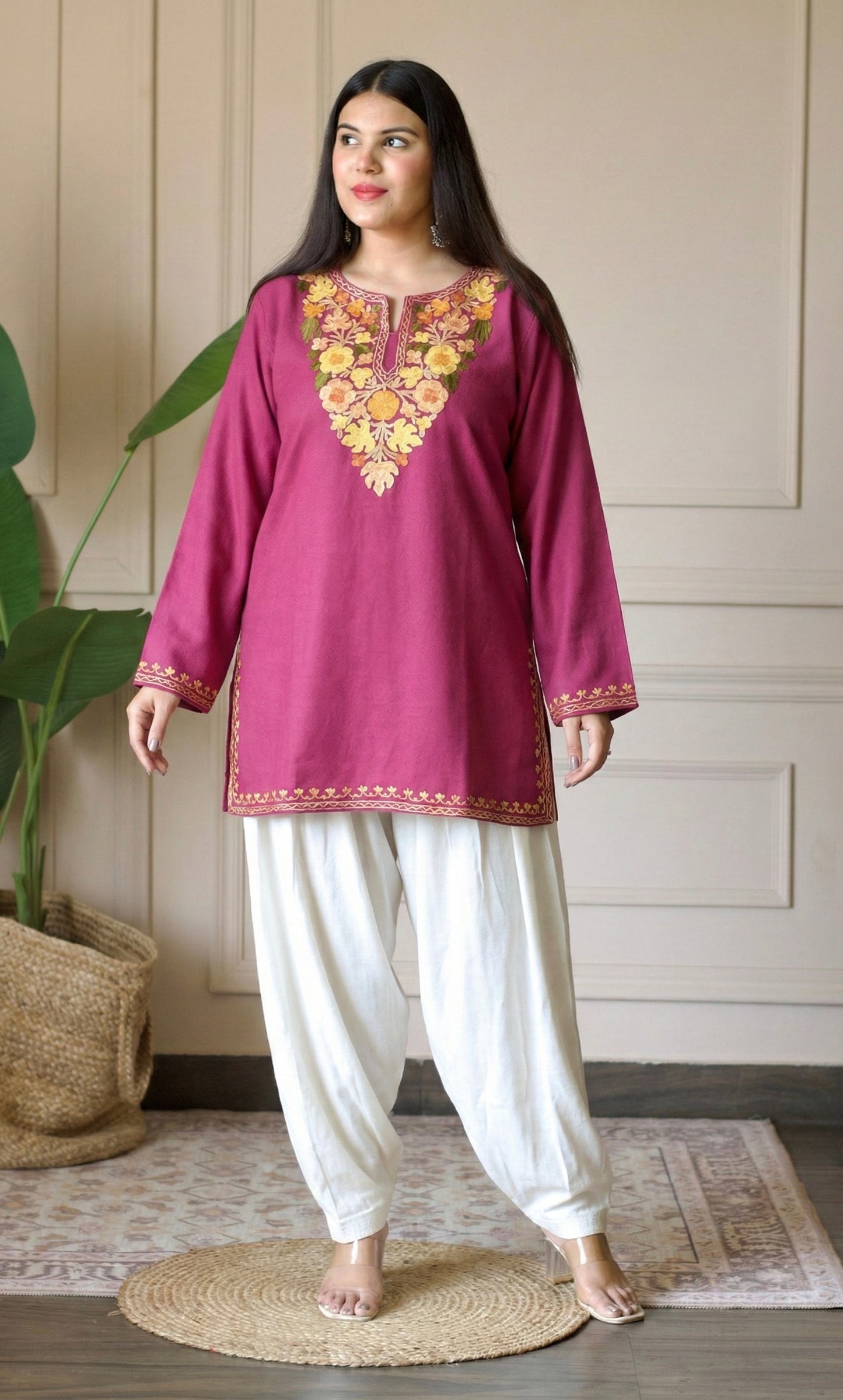 Saffron Glow Pink Kashmiri Aari Embroidered Fine Cashmilon Short Kurti