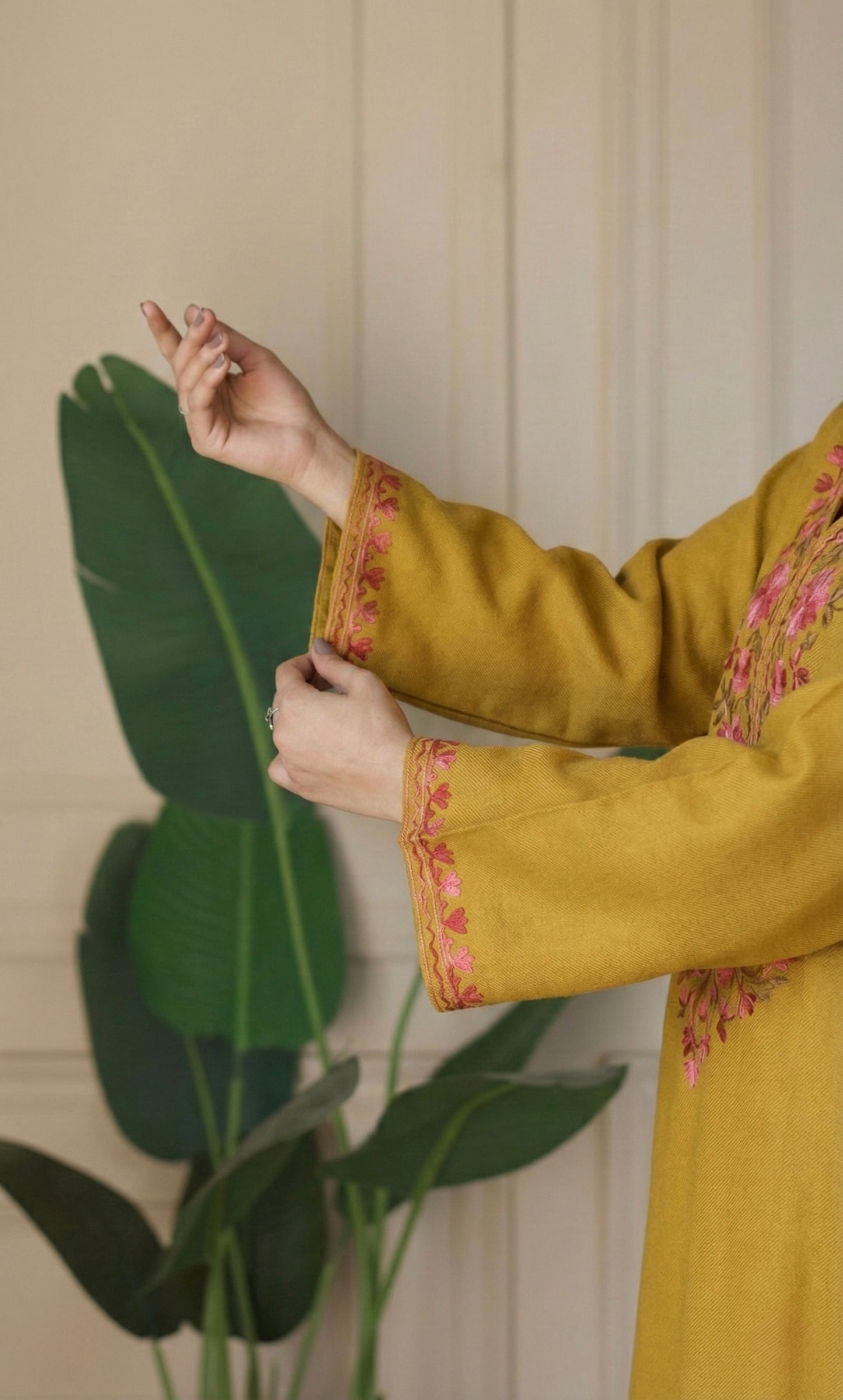 Blush Glow Mustard Kashmiri Aari Embroidered Fine Cashmilon Short Kurti