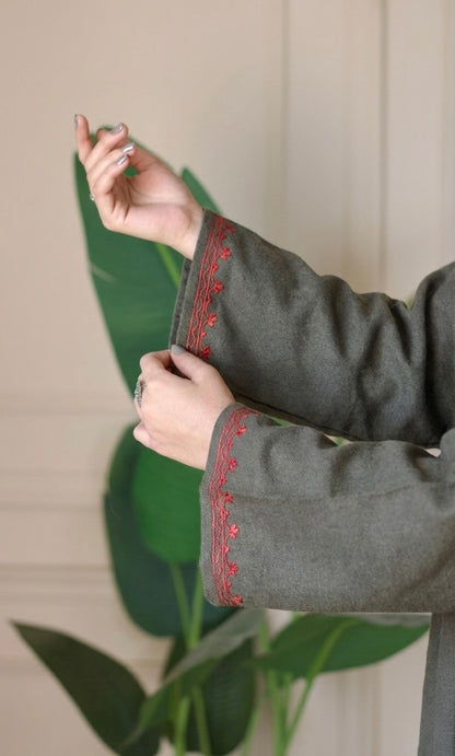 Blush Ember Grey Aari Embroidered Fine Cashmilon Pheran