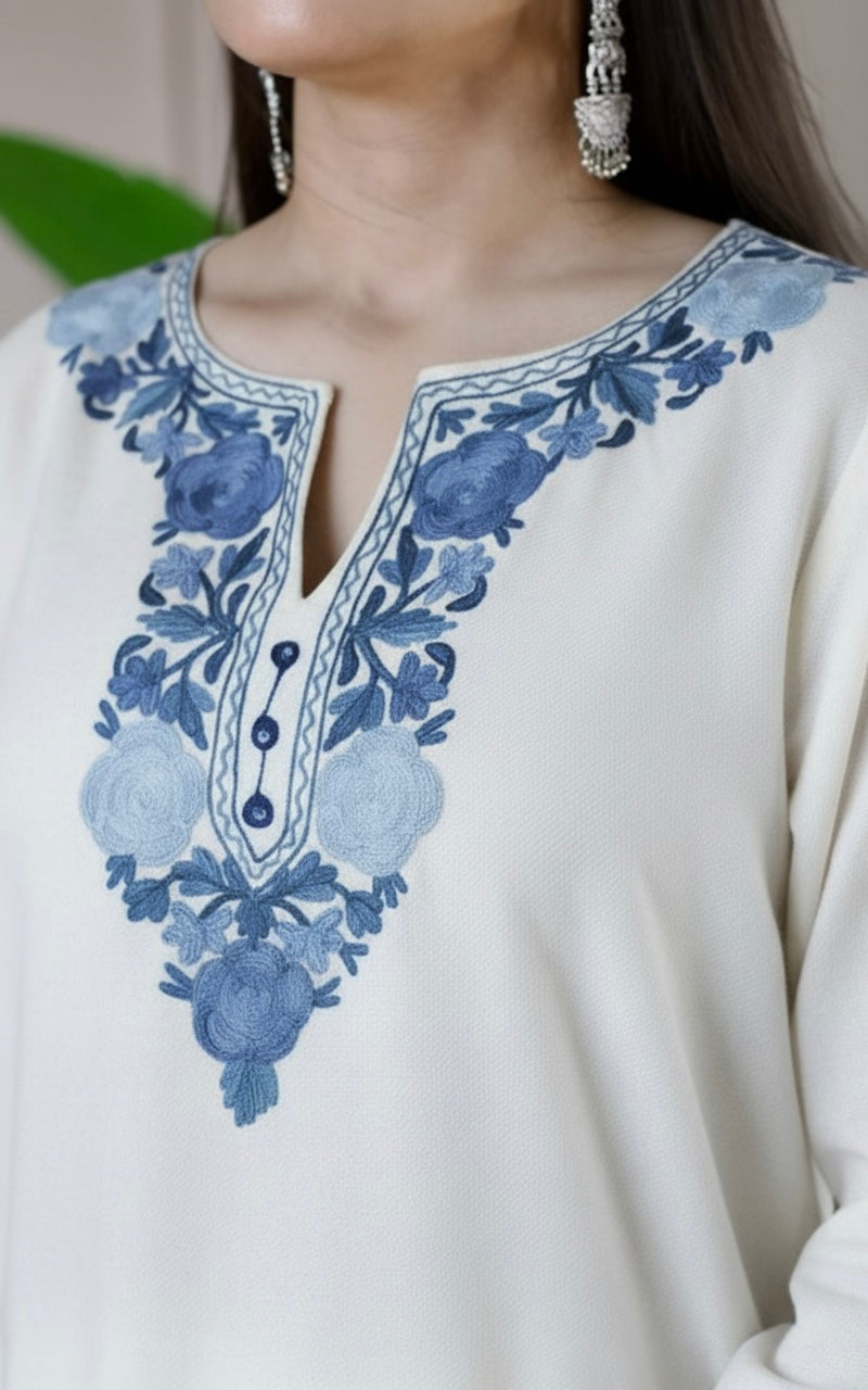 White Kashmiri Aari Woollen Co-ord Set - Midnight Mist