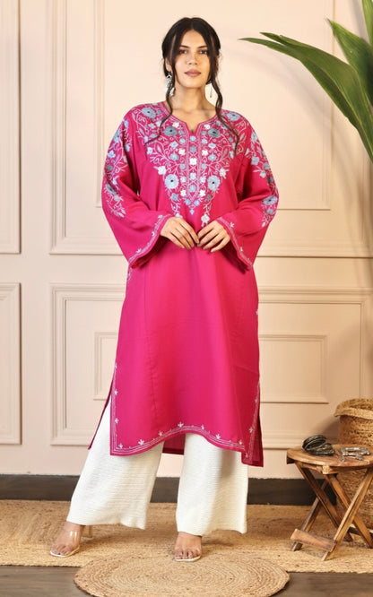 Hot Pink Aari Embroidered Fine Cashmilon Pheran