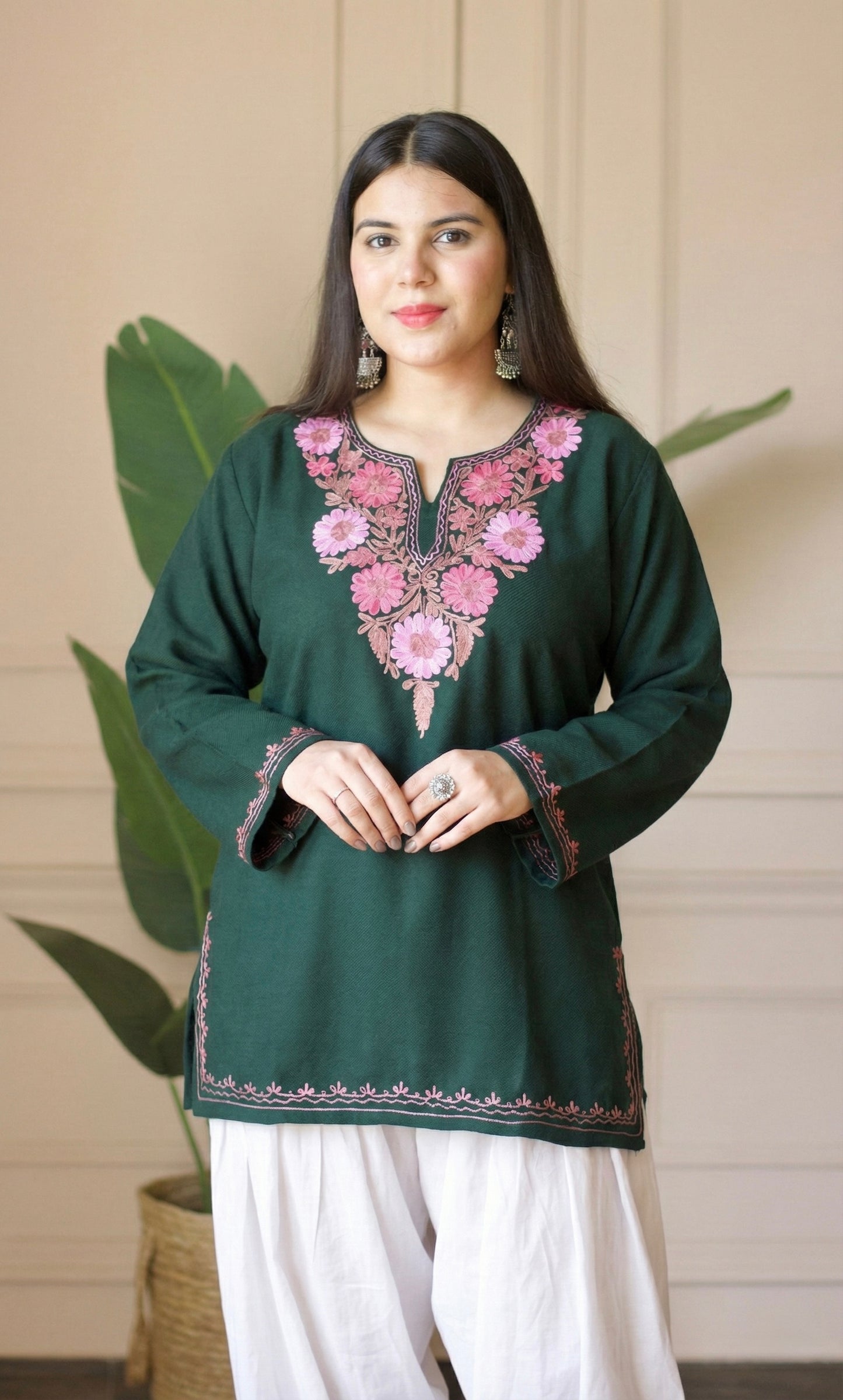 Blush Glow Green Kashmiri Aari Embroidered Fine Cashmilon Short Kurti