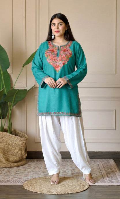 Saffron Glow Sea Green Kashmiri Aari Embroidered Fine Cashmilon Short Kurti