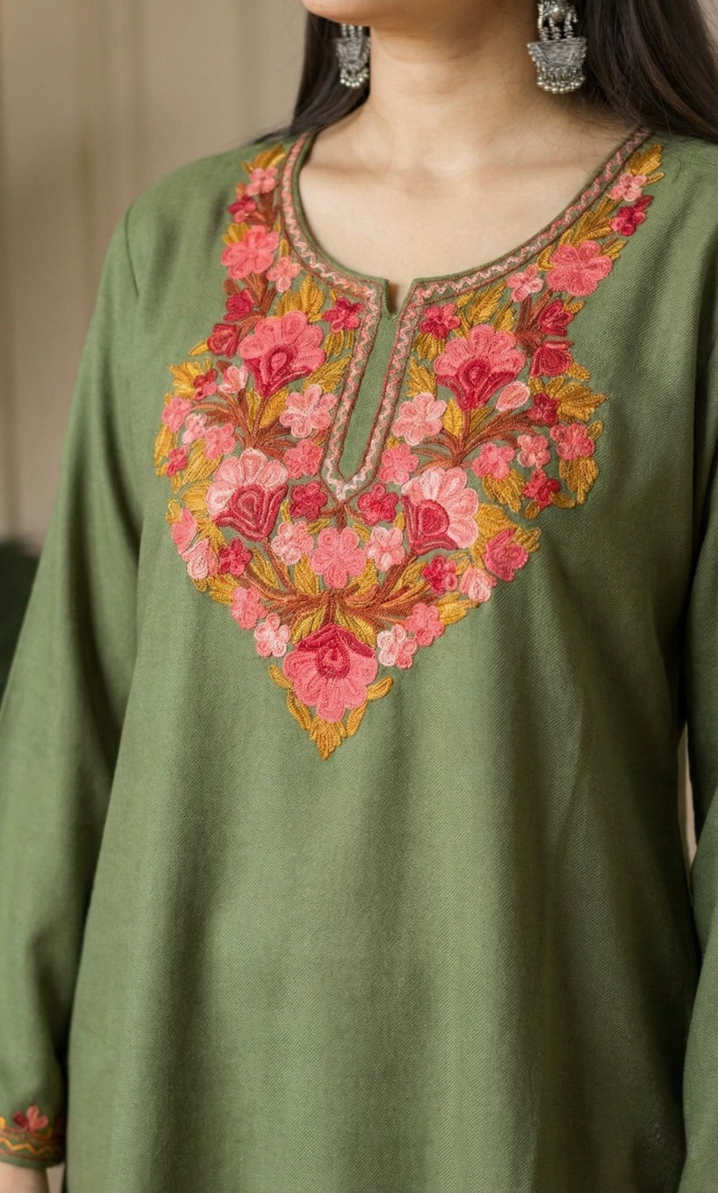 Blush Glow Sage Kashmiri Aari Embroidered Fine Cashmilon Short Kurti