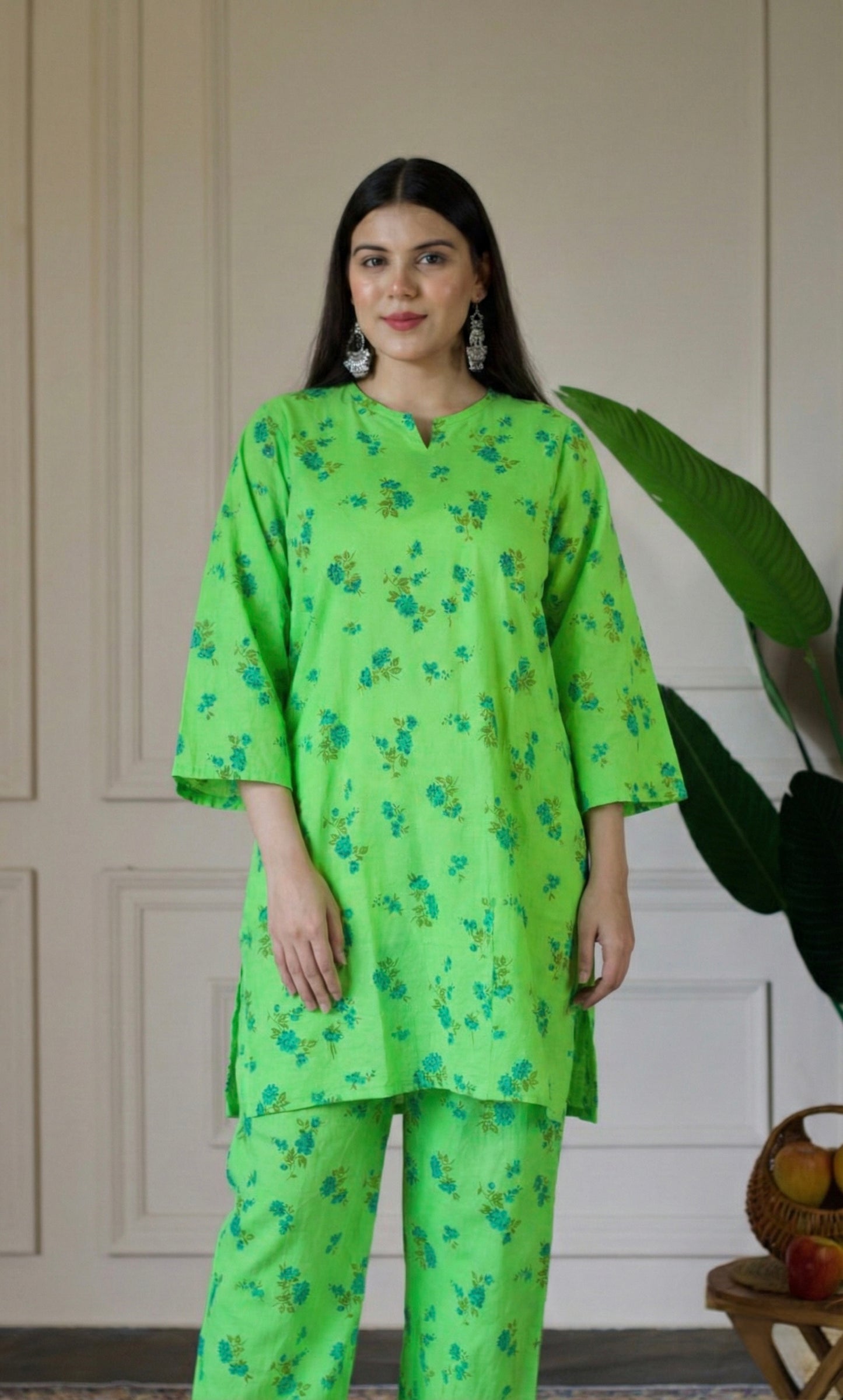 Lime Relaxed Fit Cotton Co-ord Set with Bell Sleeves