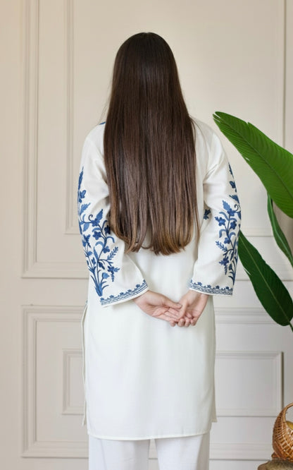 White Kashmiri Aari Woollen Co-ord Set - Midnight Mist