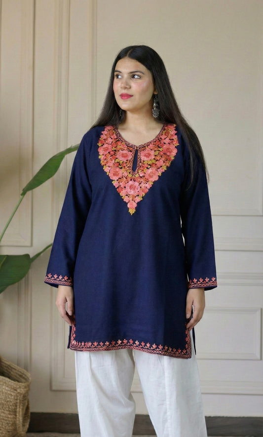 Blush Glow Navy Blue Kashmiri Aari Embroidered Fine Cashmilon Short Kurti