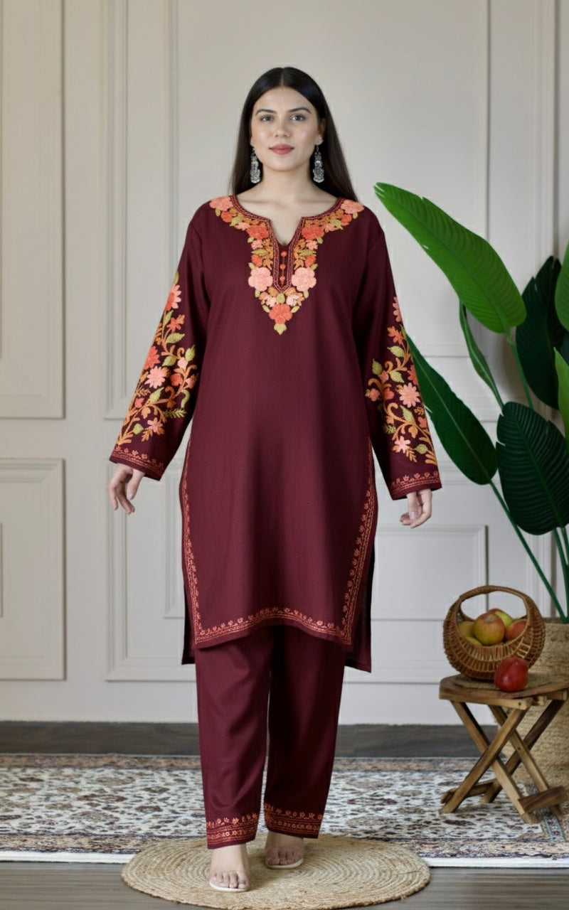 Deep Wine Kashmiri Aari Woollen Co-ord Set - Saffron Glow
