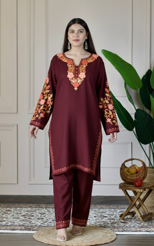 Deep Wine Kashmiri Aari Woollen Co-ord Set - Saffron Glow