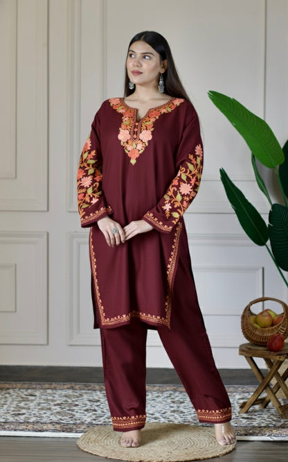 Deep Wine Kashmiri Aari Woollen Co-ord Set - Saffron Glow