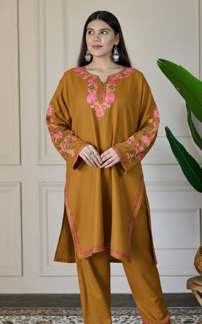 Mustard Kashmiri Aari Woollen Co-ord Set - Blush Bloom