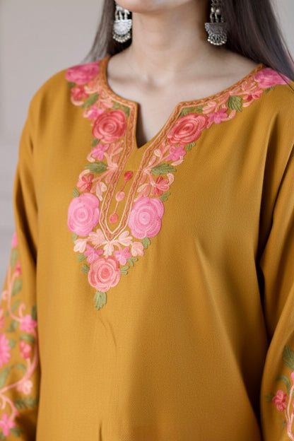 Mustard Kashmiri Aari Woollen Co-ord Set - Blush Bloom