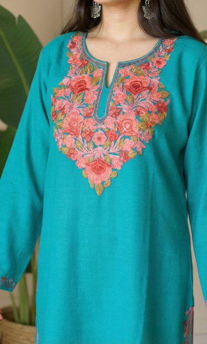 Saffron Glow Sea Green Kashmiri Aari Embroidered Fine Cashmilon Short Kurti