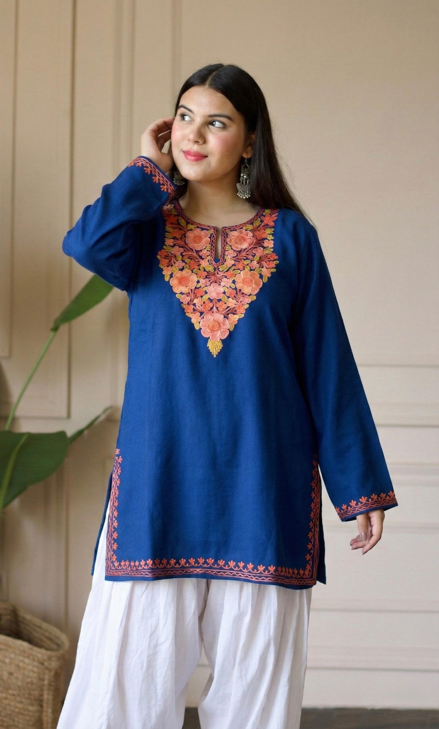 Saffron Glow Blue Kashmiri Aari Embroidered Fine Cashmilon Short Kurti