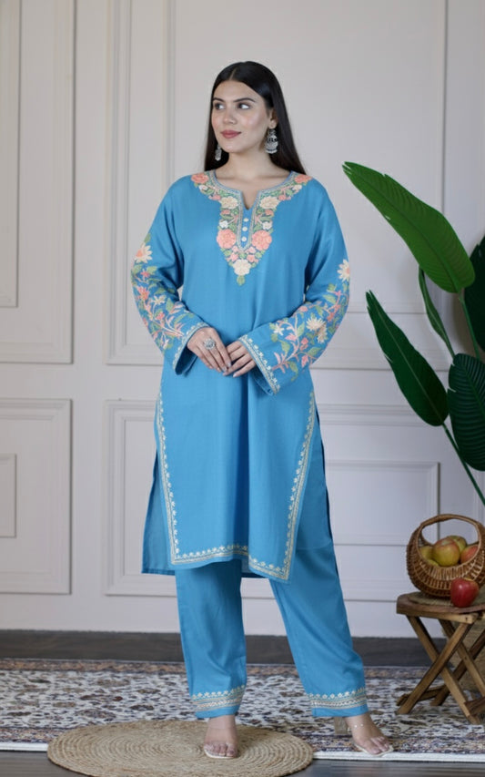 Sky Blue Kashmiri Aari Woollen Co-ord Set - Peach Mist