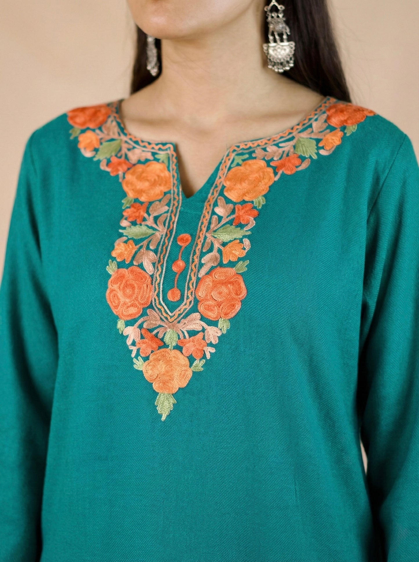 Sea Green Kashmiri Aari Woollen Co-ord Set - Saffron Glow