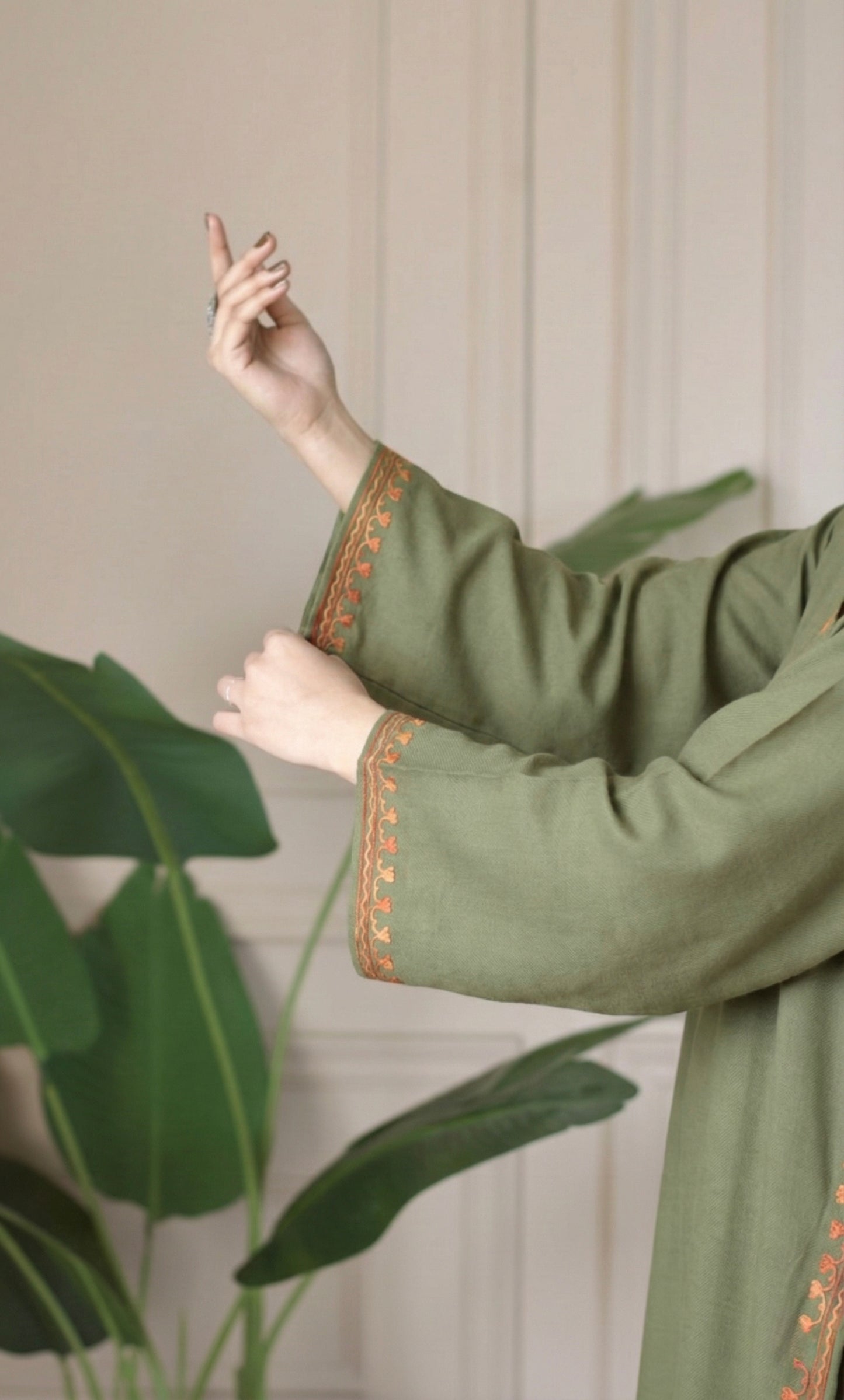 Saffron Glow Sage Kashmiri Aari Embroidered Fine Cashmilon Short Kurti