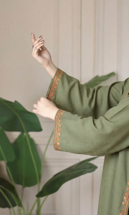 Saffron Glow Sage Kashmiri Aari Embroidered Fine Cashmilon Short Kurti