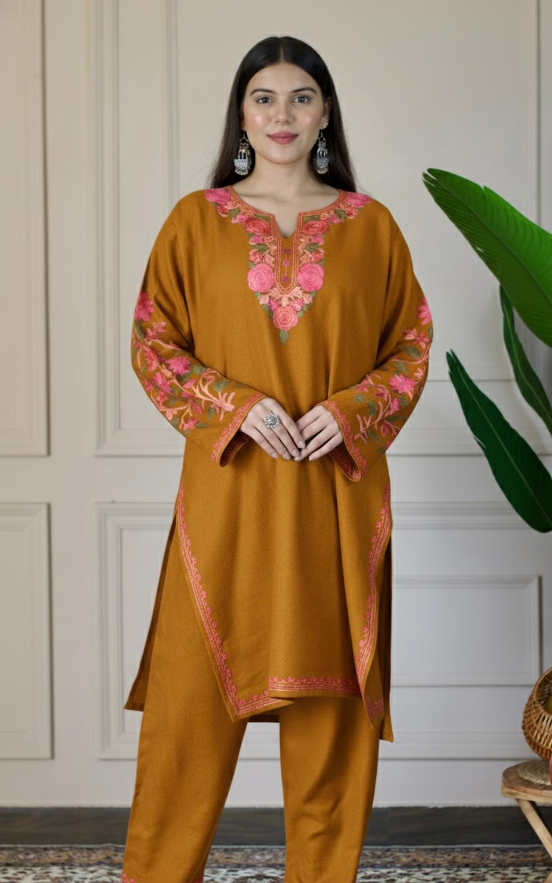 Mustard Kashmiri Aari Woollen Co-ord Set - Blush Bloom