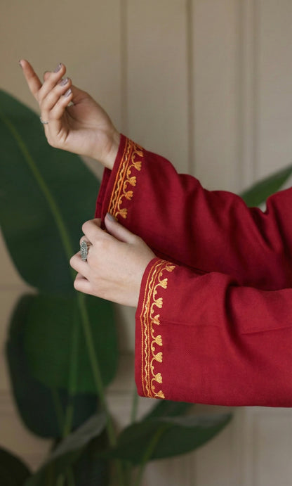 Golden Glow Red Kashmiri Aari Embroidered Fine Cashmilon Short Kurti