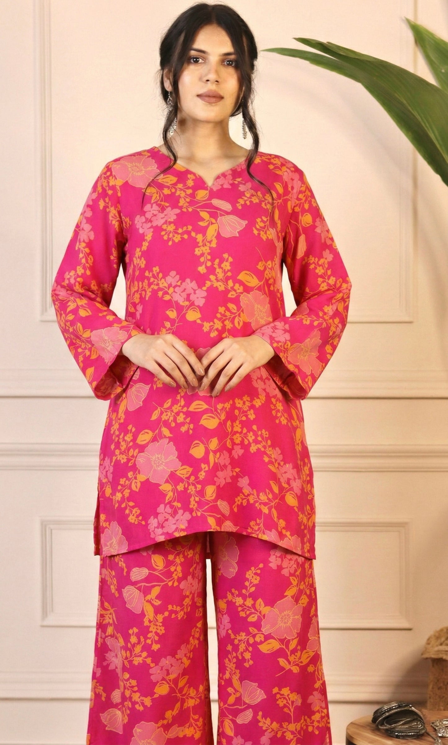 Pink Floral Print Relaxed Fit Co-ord Set with Bell Sleeves