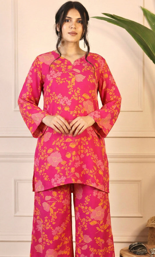 Pink Floral Print Relaxed Fit Co-ord Set with Bell Sleeves