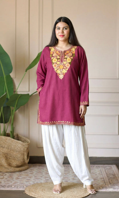 Saffron Glow Pink Kashmiri Aari Embroidered Fine Cashmilon Short Kurti