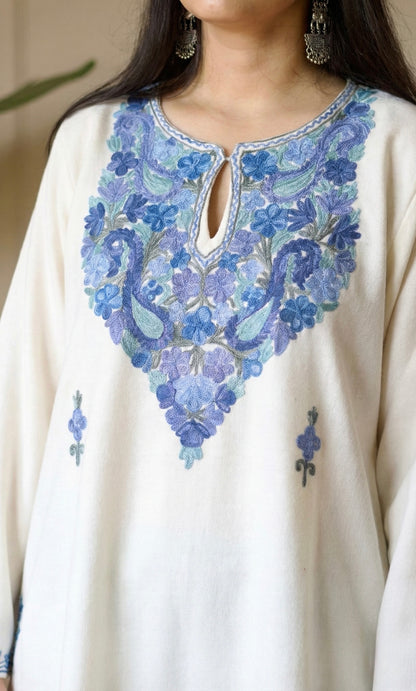 Sky Glow White Kashmiri Aari Embroidered Fine Cashmilon Short Kurti