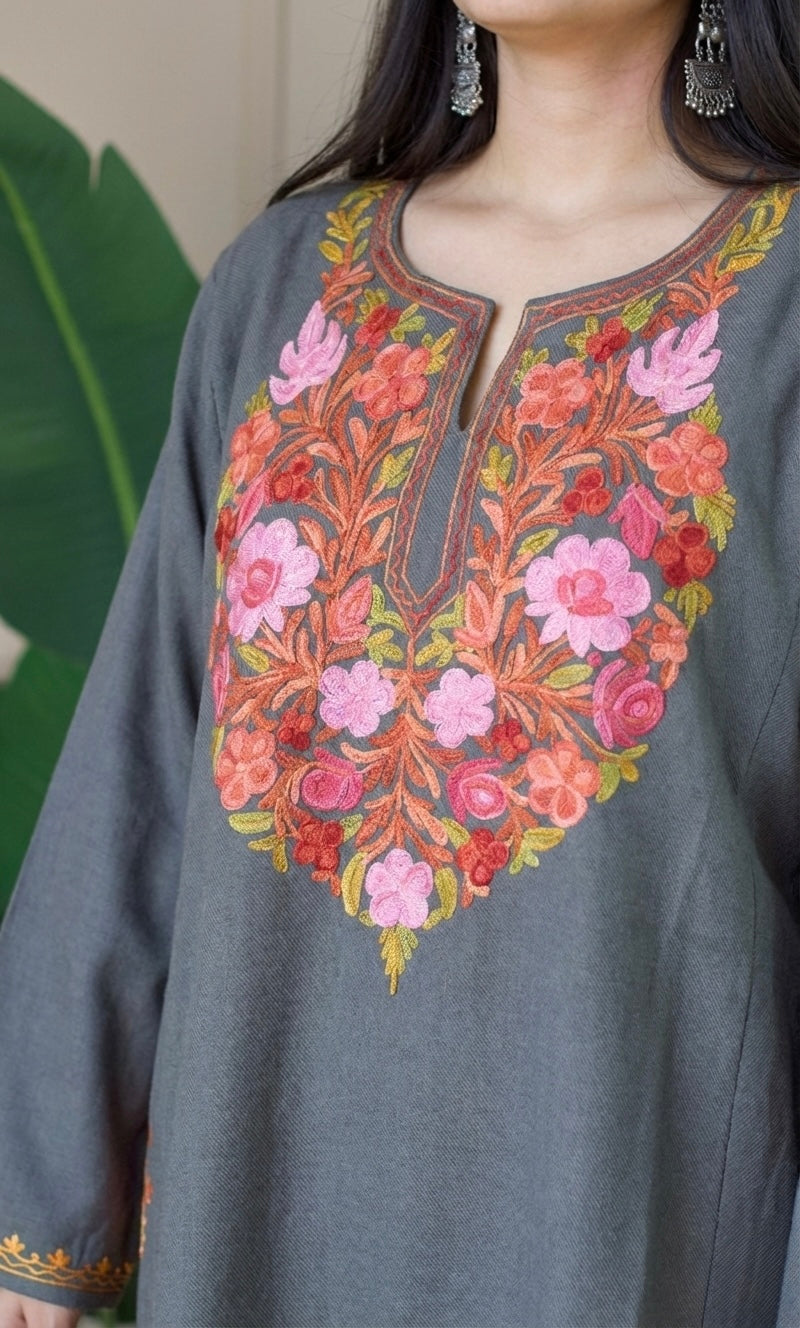 Blush Ember Grey Aari Embroidered Fine Cashmilon Pheran