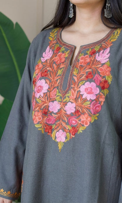 Blush Ember Grey Aari Embroidered Fine Cashmilon Pheran