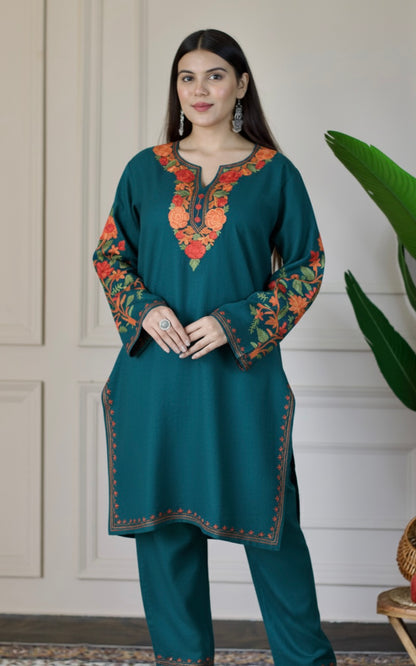 Blue Kashmiri Aari Woollen Co-ord Set - Fiery Sunset