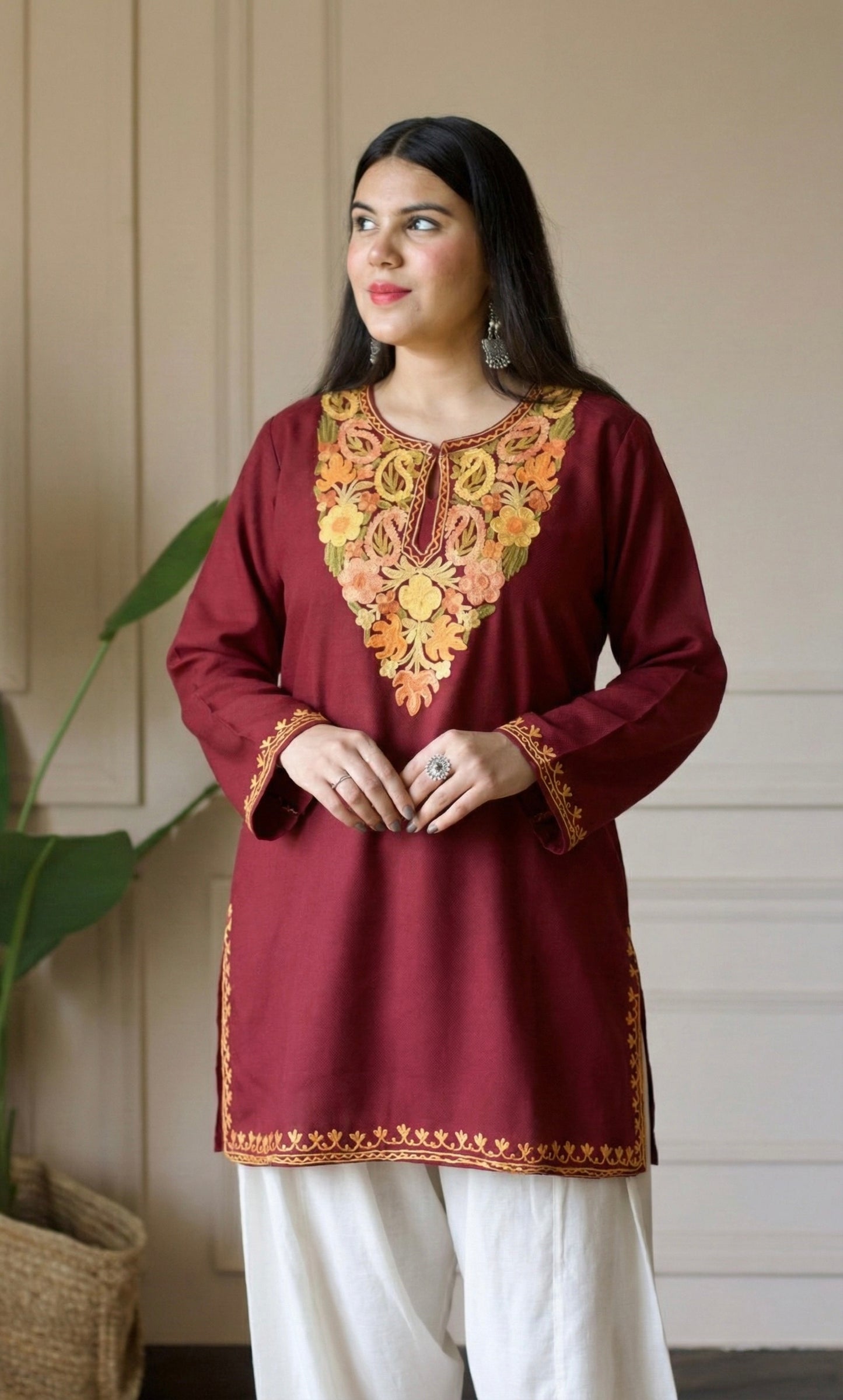 Peach Glow Maroon Kashmiri Aari Embroidered Fine Cashmilon Short Kurti