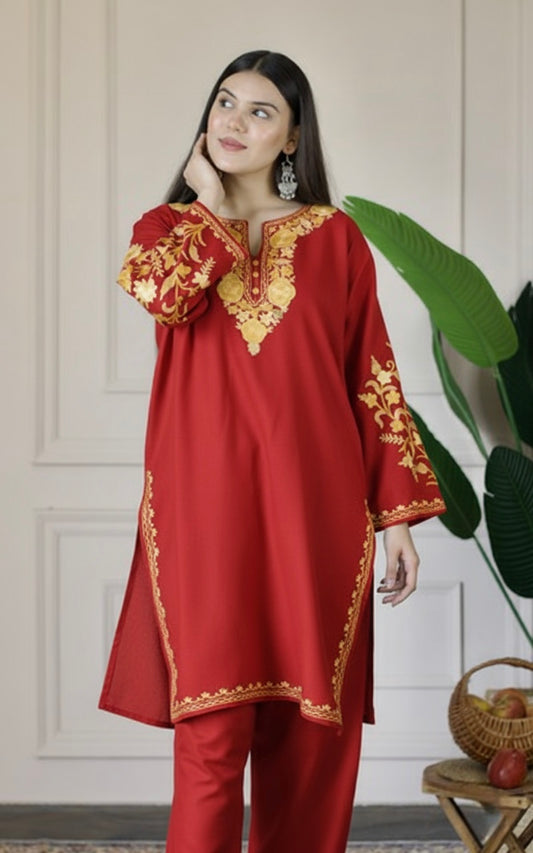 Red Kashmiri Aari Woollen Co-ord Set - Golden Dawn