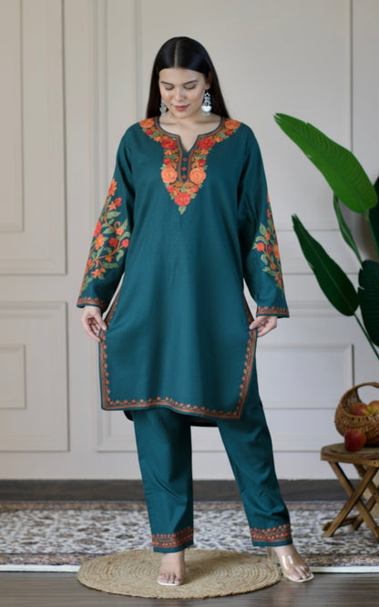 Blue Kashmiri Aari Woollen Co-ord Set - Fiery Sunset