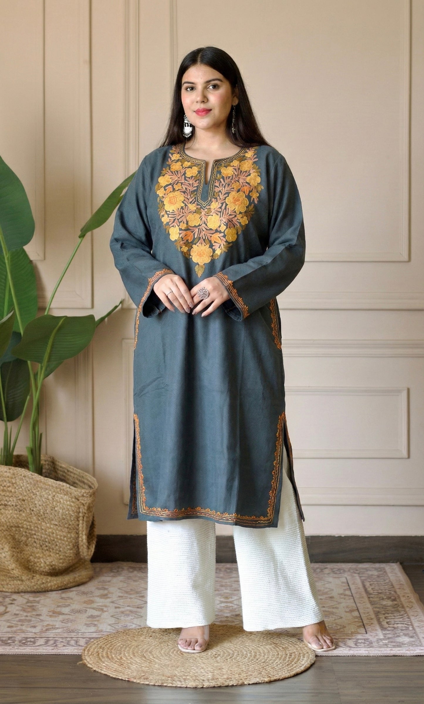 Ash Saffron Bloom Aari Embroidered Fine Cashmilon Pheran