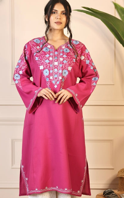 Hot Pink Aari Embroidered Fine Cashmilon Pheran