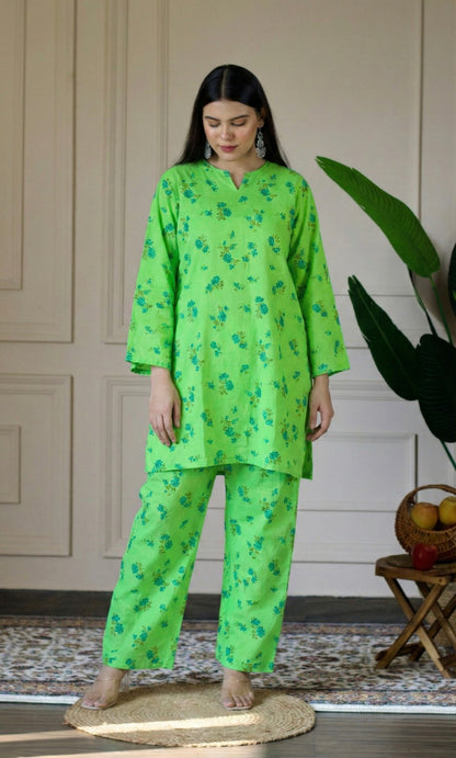 Lime Relaxed Fit Cotton Co-ord Set with Bell Sleeves