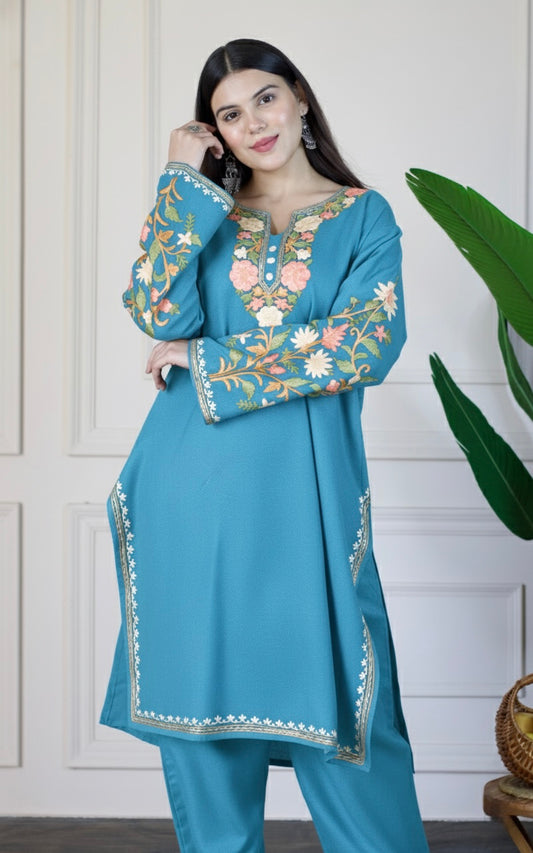 Sky Blue Kashmiri Aari Woollen Co-ord Set - Peach Mist