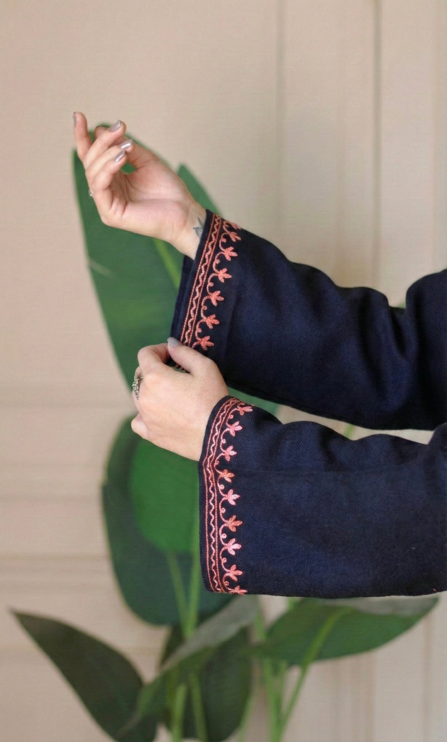 Blush Glow Navy Blue Kashmiri Aari Embroidered Fine Cashmilon Short Kurti